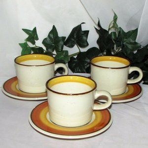 3 Vintage Mikasa Orange Peel Coffee Cups & Saucers Stoneware Japan